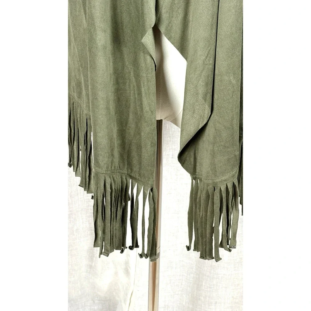 Open Front Ultra Suede Vest Tassels Size S/M Festival Boho Olive Green‎ Vegan